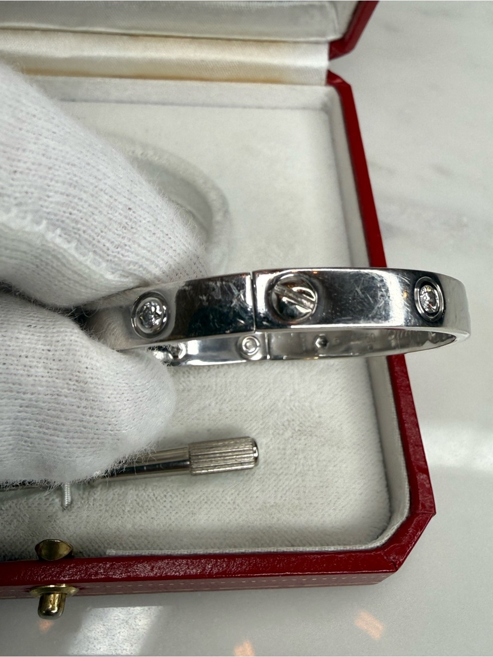 Auth Cartier 18k White Gold 6 Diamond love Bracelet with Red Box Sz 17 - Picture 7 of 14